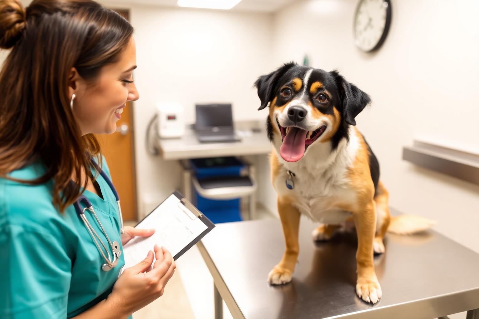 Veterinarian smiling at a happy black and tan dog on a stainless steel exam table while reviewing nutrition notes on a clipboard