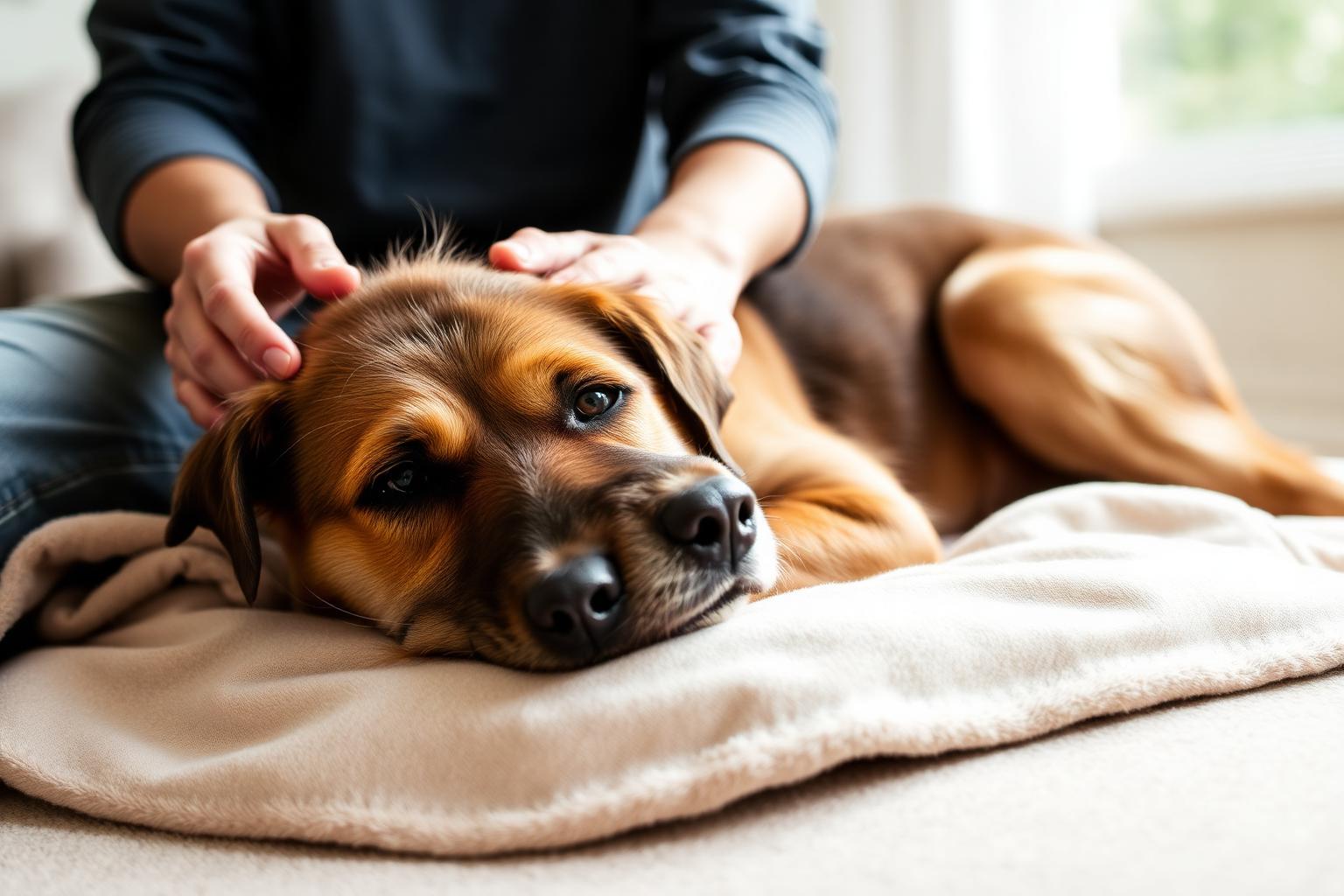 Senior brown dog resting on a soft blanket while owner gently strokes its head at home
