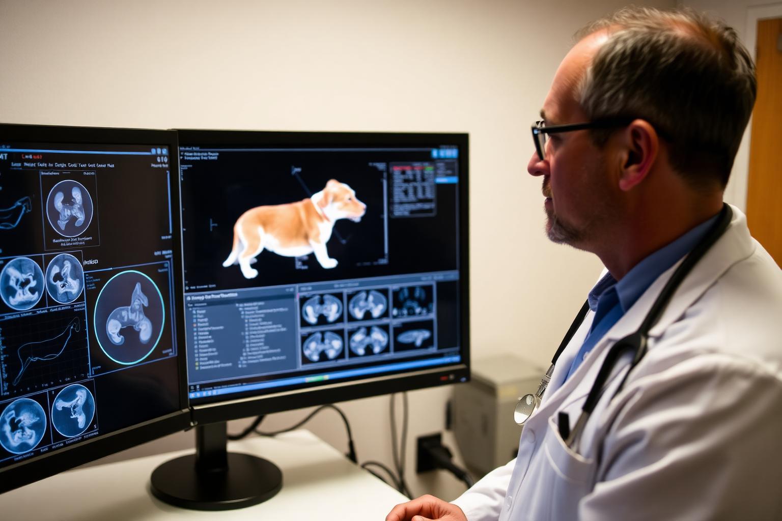 Veterinarian reviewing CT scan images of a dog on dual monitors during a cancer recheck