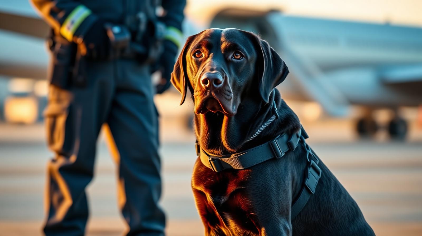Chocolate Labrador Retriever in a working harness sitting calmly beside a uniformed handler at golden hour