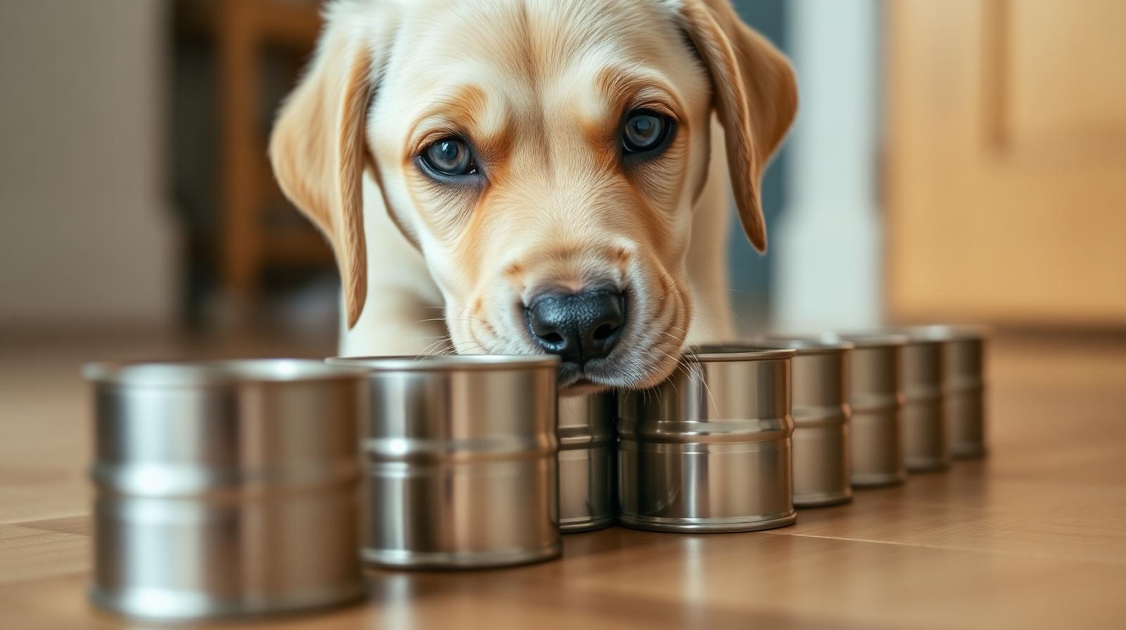 Yellow Labrador puppy sniffing a row of metal scent training cans on a wooden floor