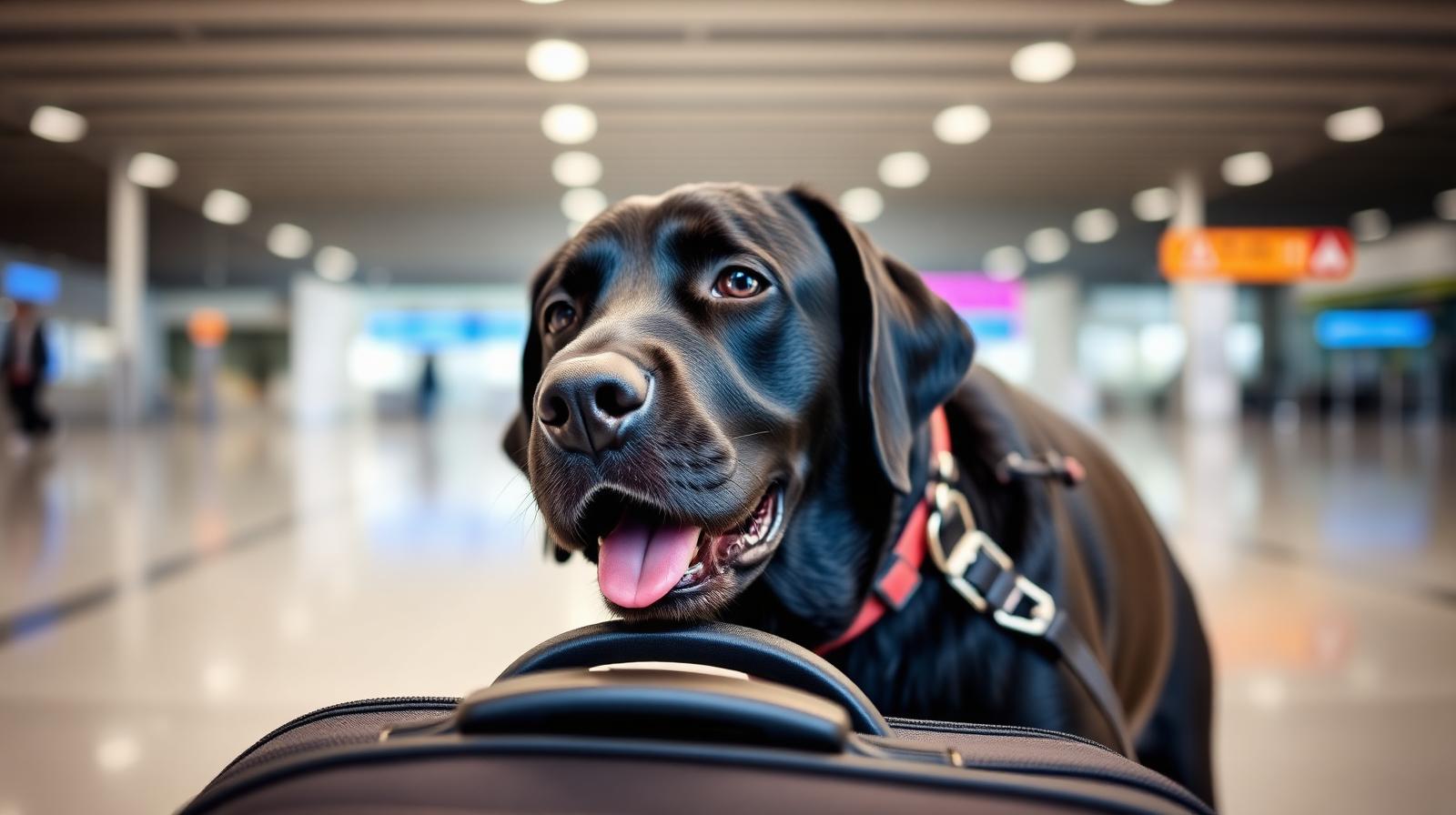 Black Labrador Retriever detection dog sniffing a suitcase in an airport terminal