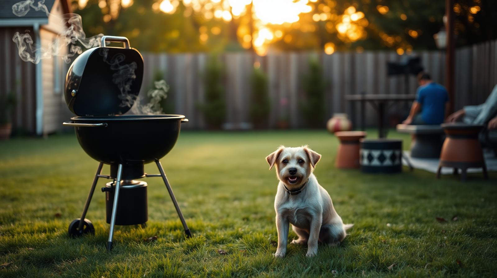 Small terrier sitting on grass next to a smoking charcoal barbecue grill at sunset