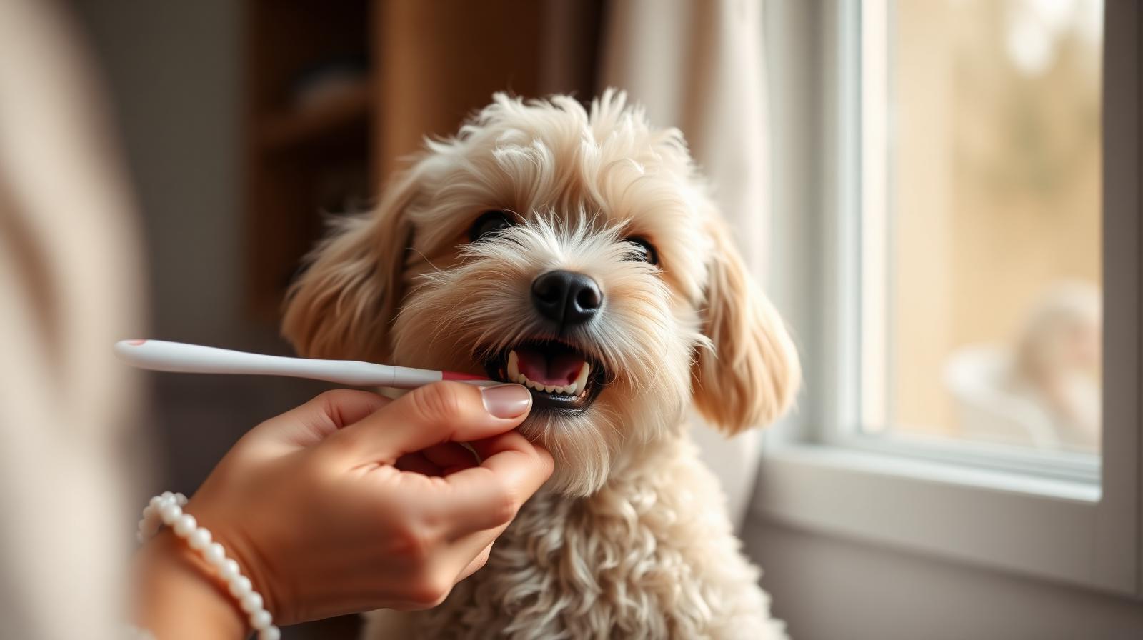 Owner brushing the teeth of a small senior poodle with a finger toothbrush at home in soft window light