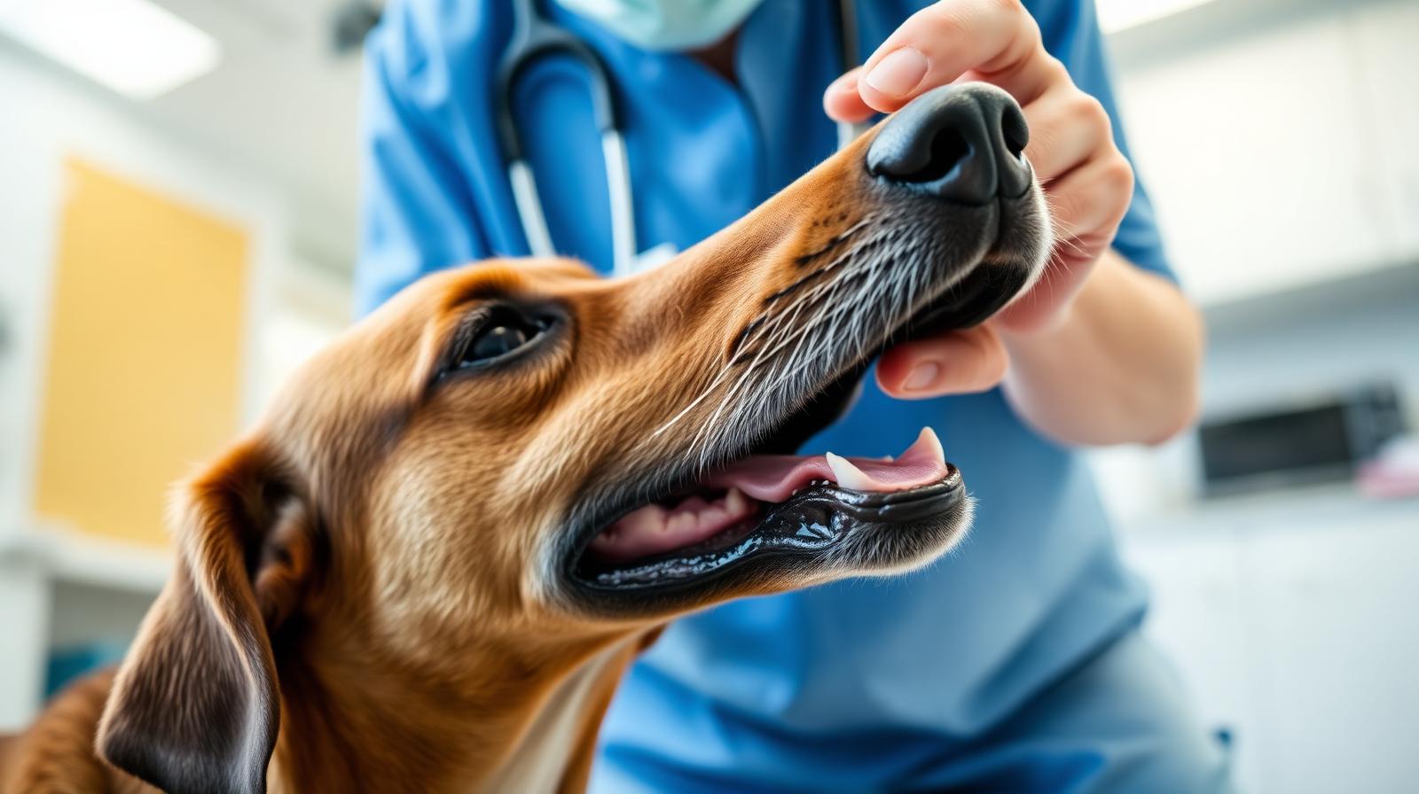 Veterinarian gently examining the open mouth of a calm senior brown dog in a clinic