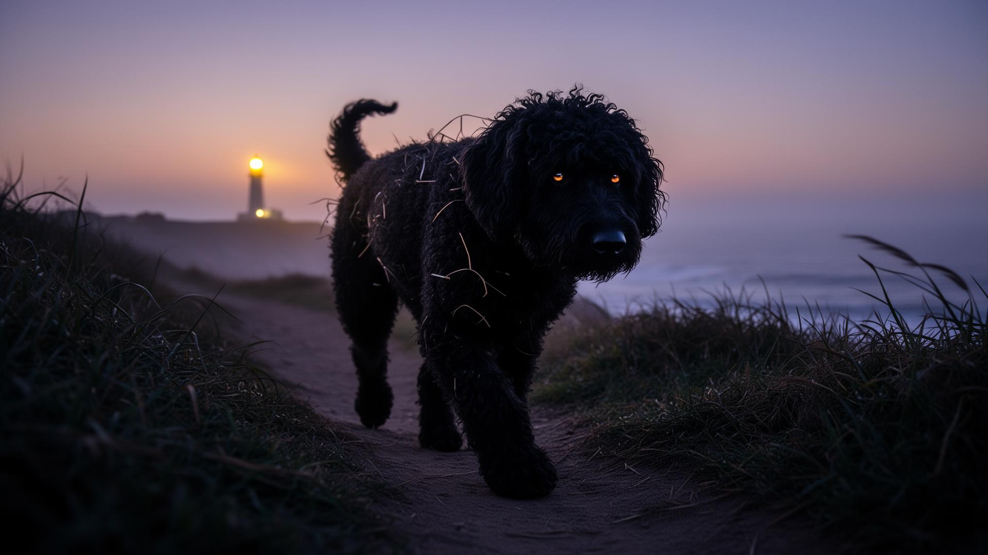 Black Portuguese Water Dog walking cautiously along a coastal path at dusk, with a distant lighthouse glowing on the horizon.
