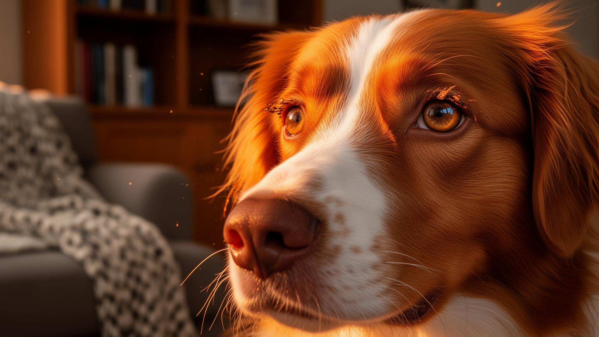 Close-up portrait of a Nova Scotia Duck Tolling Retriever's amber eyes at golden hour, with sharp focus on iris detail.