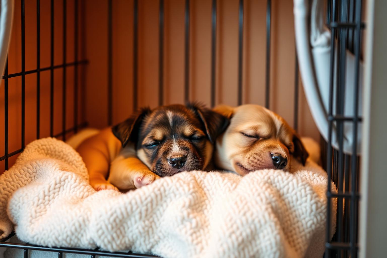 Two puppies sleeping peacefully on a soft blanket inside an open crate