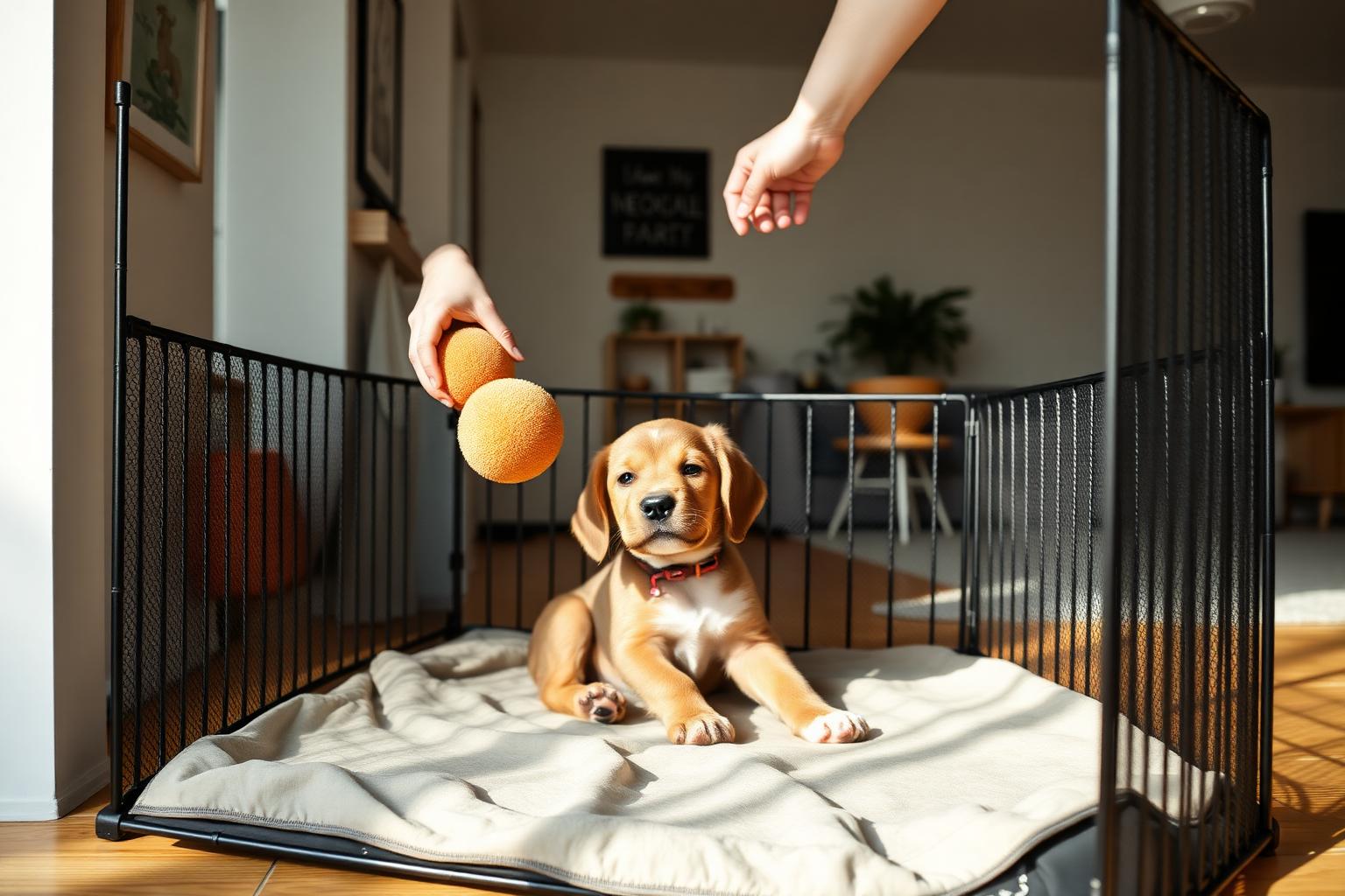 Owner placing a stuffed enrichment toy with a calm puppy in an open playpen