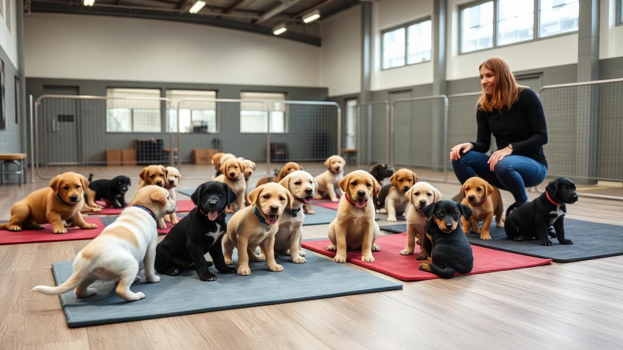 A certified trainer leading a puppy socialization class with multiple breeds of young puppies on mats inside a bright, modern training facility