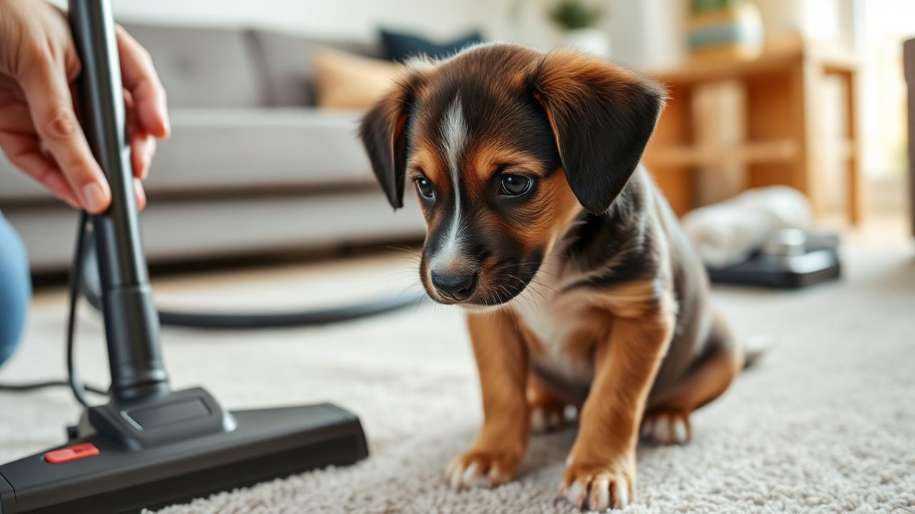 A small puppy sitting calmly on a carpet next to an upright vacuum cleaner while a person's hand offers a treat nearby