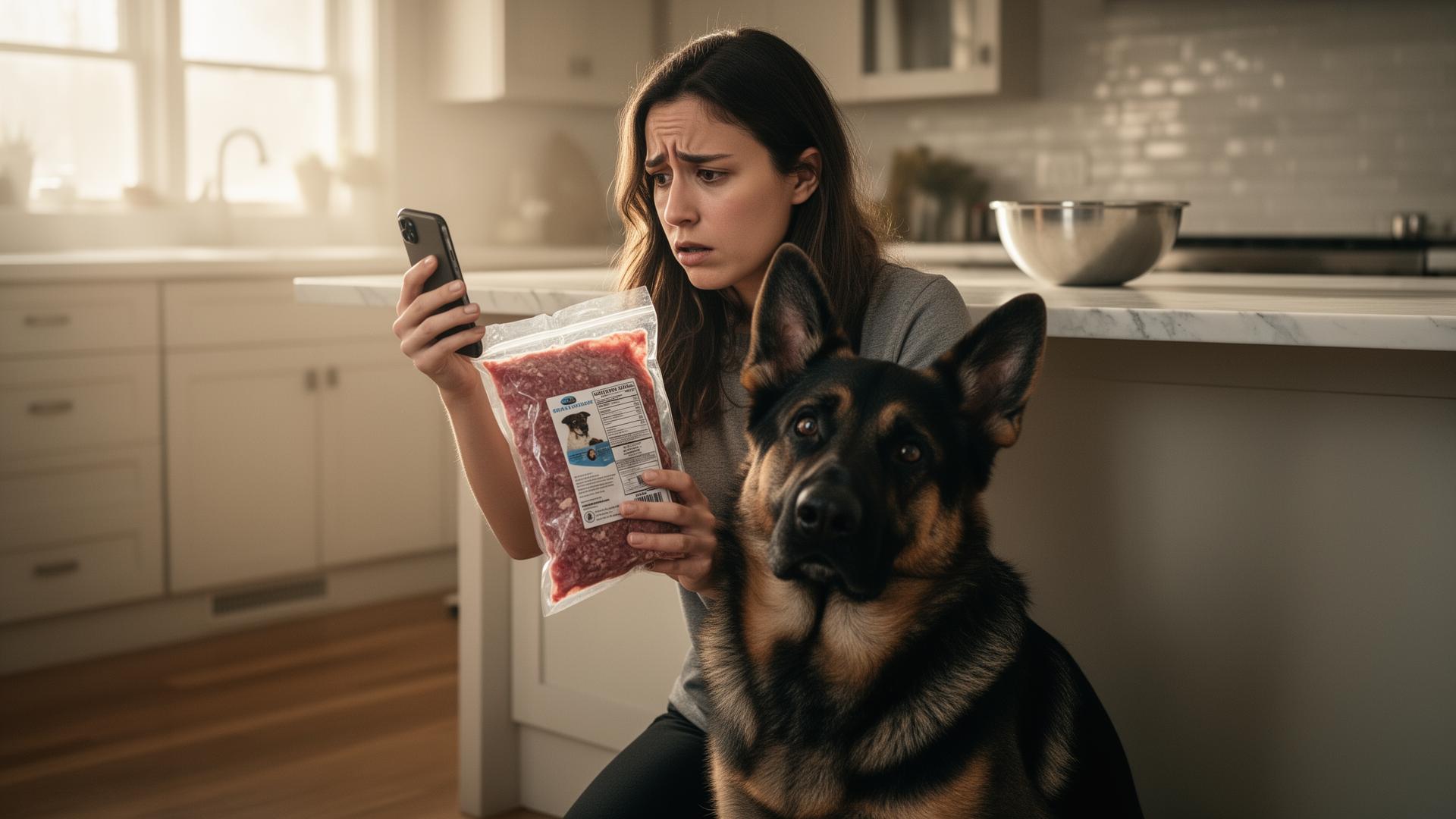 Worried owner checking a frozen raw dog food package on her phone while her German Shepherd sits beside her in a sunlit kitchen