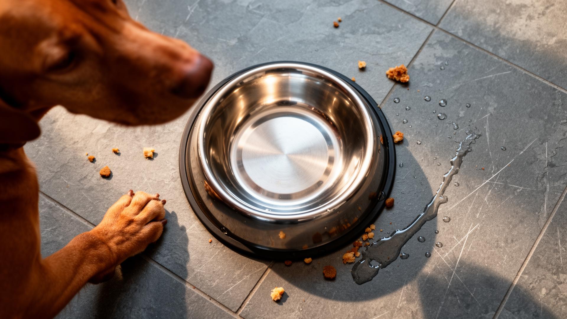 Overhead view of an empty stainless steel dog bowl on a slate floor with a Vizsla''s paw entering the frame