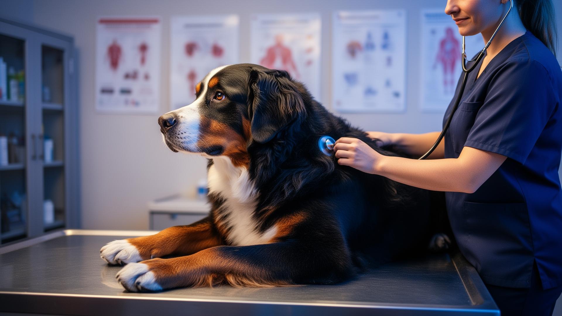 Veterinarian using a stethoscope to examine a senior Bernese Mountain Dog lying on a stainless exam table