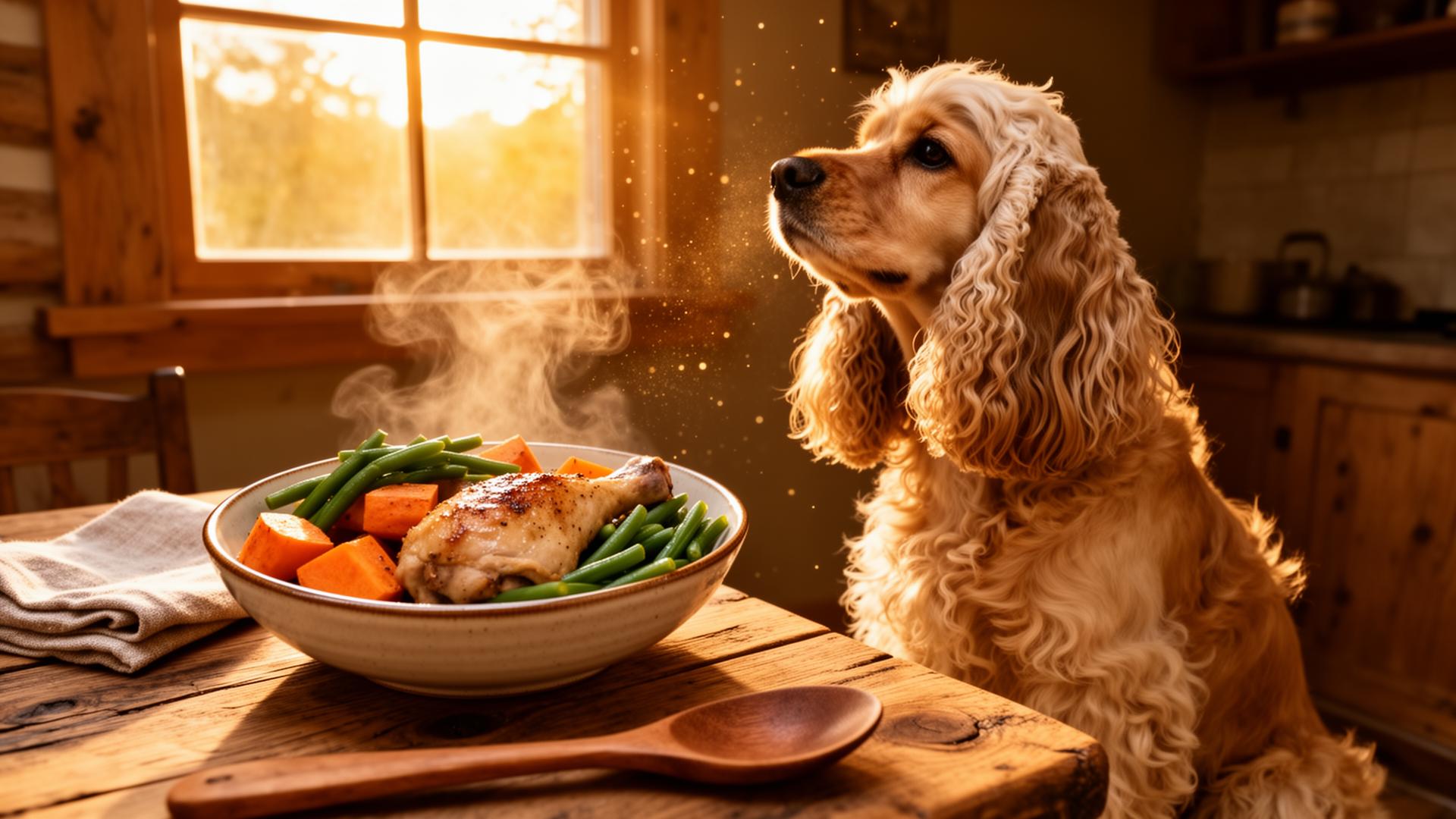 Golden Cocker Spaniel sitting beside a ceramic bowl of freshly cooked chicken, sweet potato and green beans on a rustic oak table at golden hour