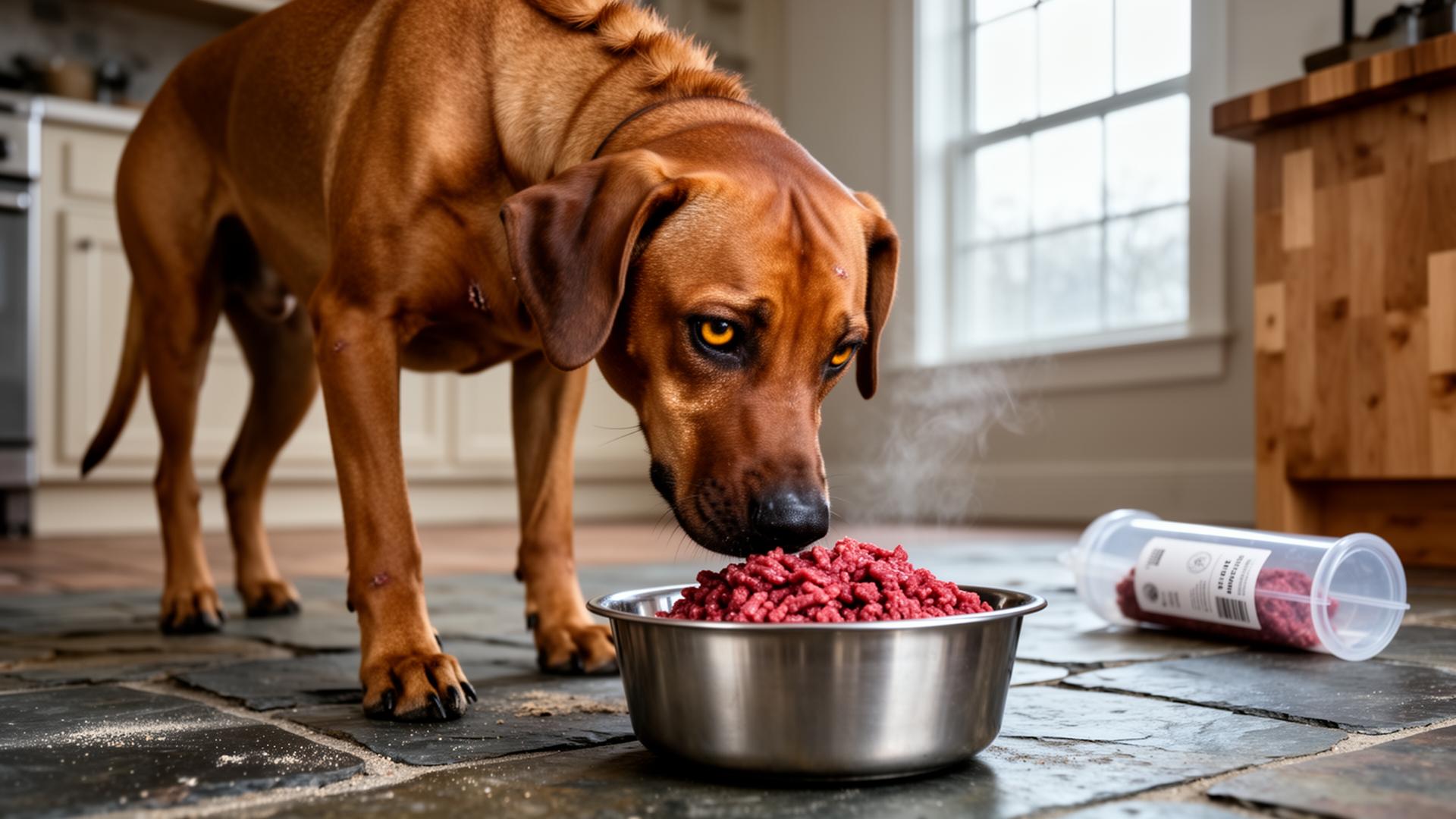 A wheaten Rhodesian Ridgeback cautiously sniffing a stainless bowl of raw ground meat in a sunlit farmhouse kitchen, with a discarded plastic food tube blurred behind on a butcher block
