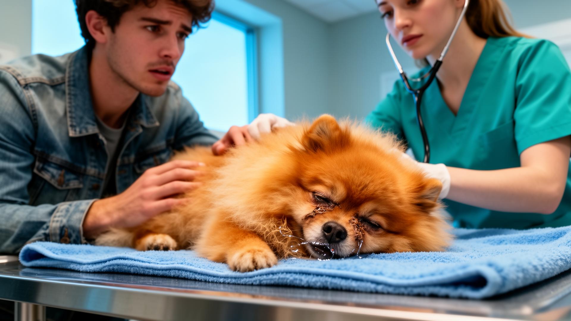 A young man in a denim jacket gently holds a lethargic orange Pomeranian on a vet exam table while a female veterinarian in teal scrubs listens to its chest