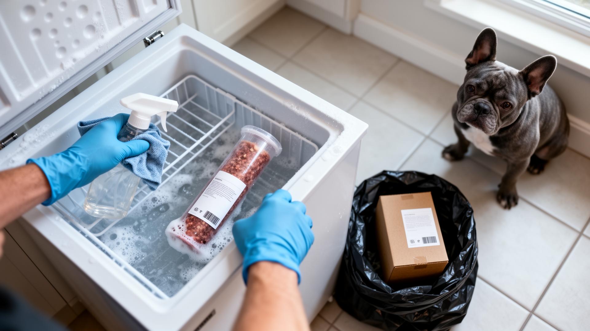 Overhead view of gloved hands scrubbing the inside of a small chest freezer with a soapy cloth and spray bottle, a discarded raw dog food tube and outer box in a trash bag beside it, a grey French Bulldog watching from the corner