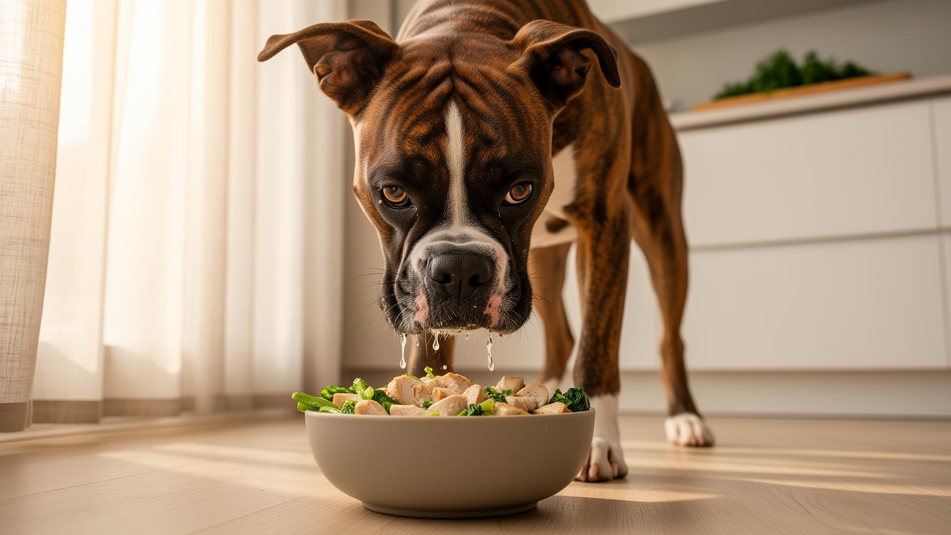 A healthy young brindle Boxer eagerly eating gently steamed chicken and vegetables from a matte ceramic bowl on a light wood floor in a sunlit modern kitchen