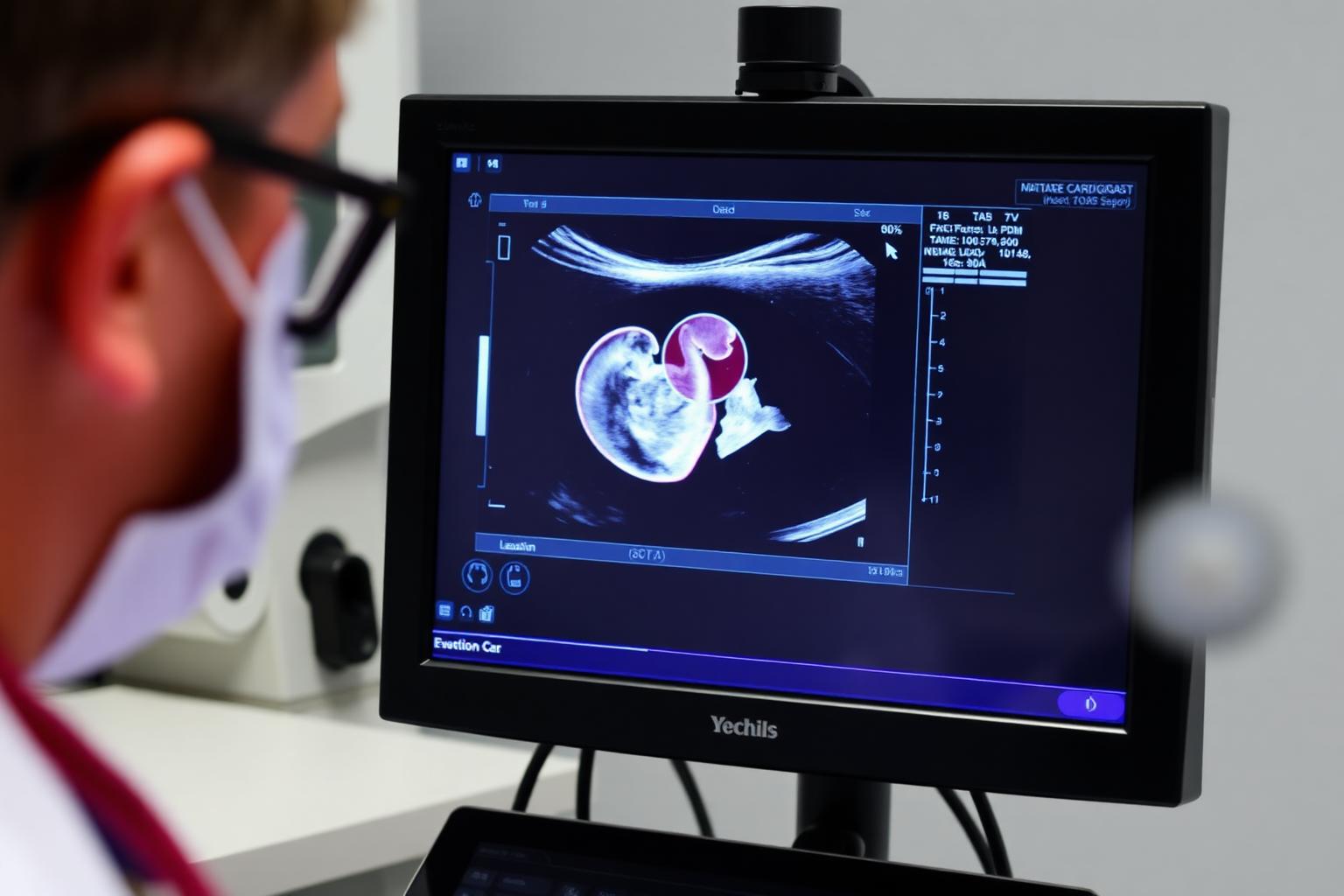 Veterinary cardiologist reviewing a canine echocardiogram on a clinic monitor