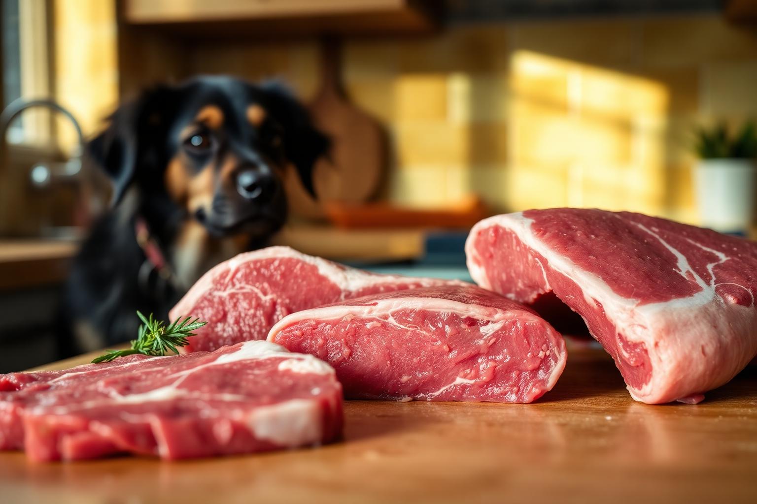 Raw beef and pork on a kitchen counter with a curious dog watching from behind