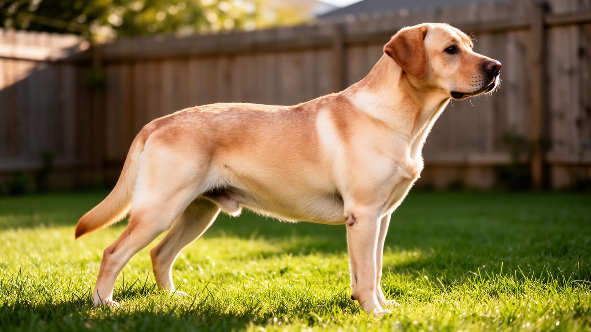 Lean adult yellow Labrador Retriever standing on grass showing an ideal body condition score with a visible waist