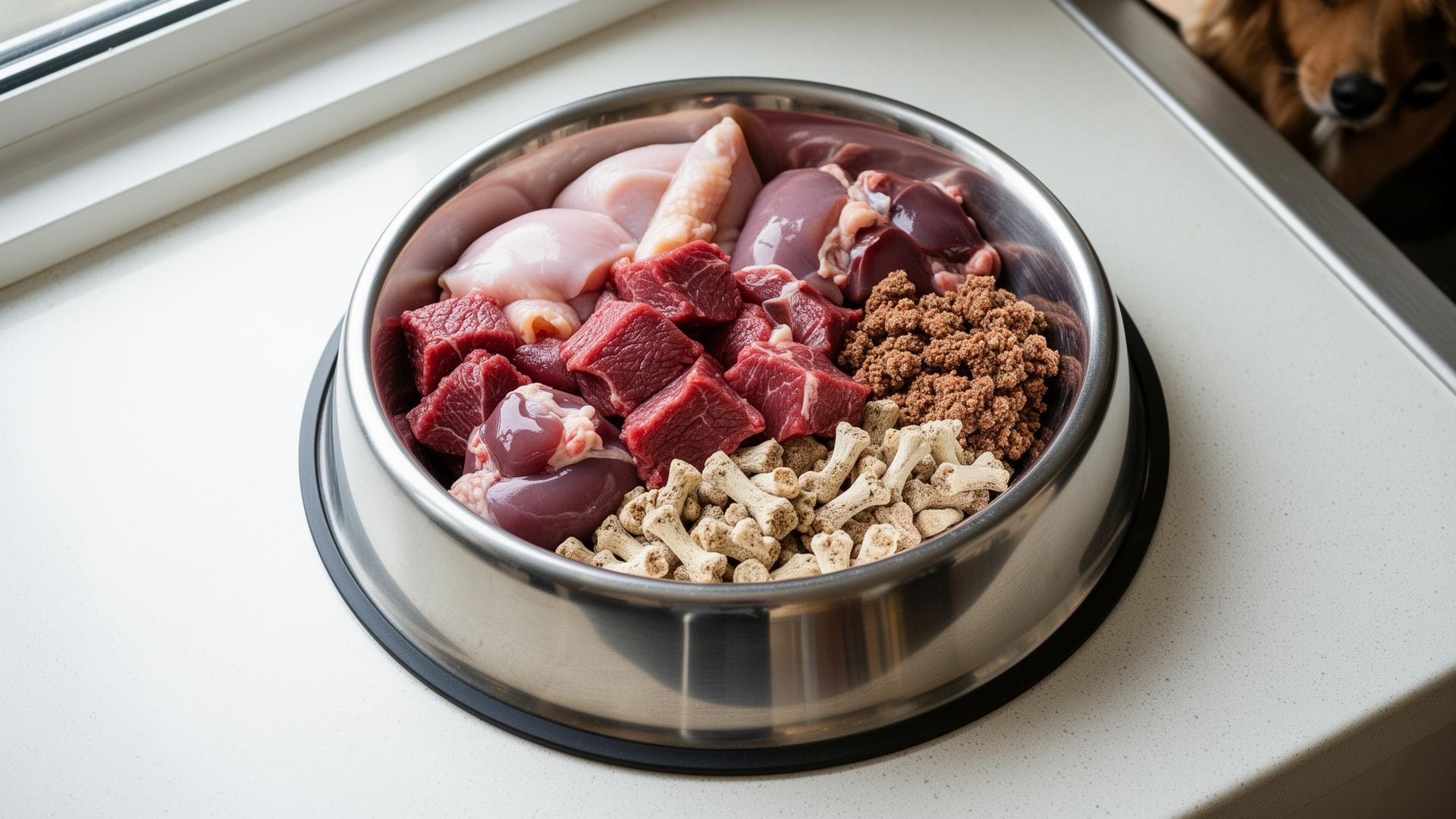 Stainless steel dog bowl filled with raw beef, chicken, organ meat and ground bone for a raw meat-based diet