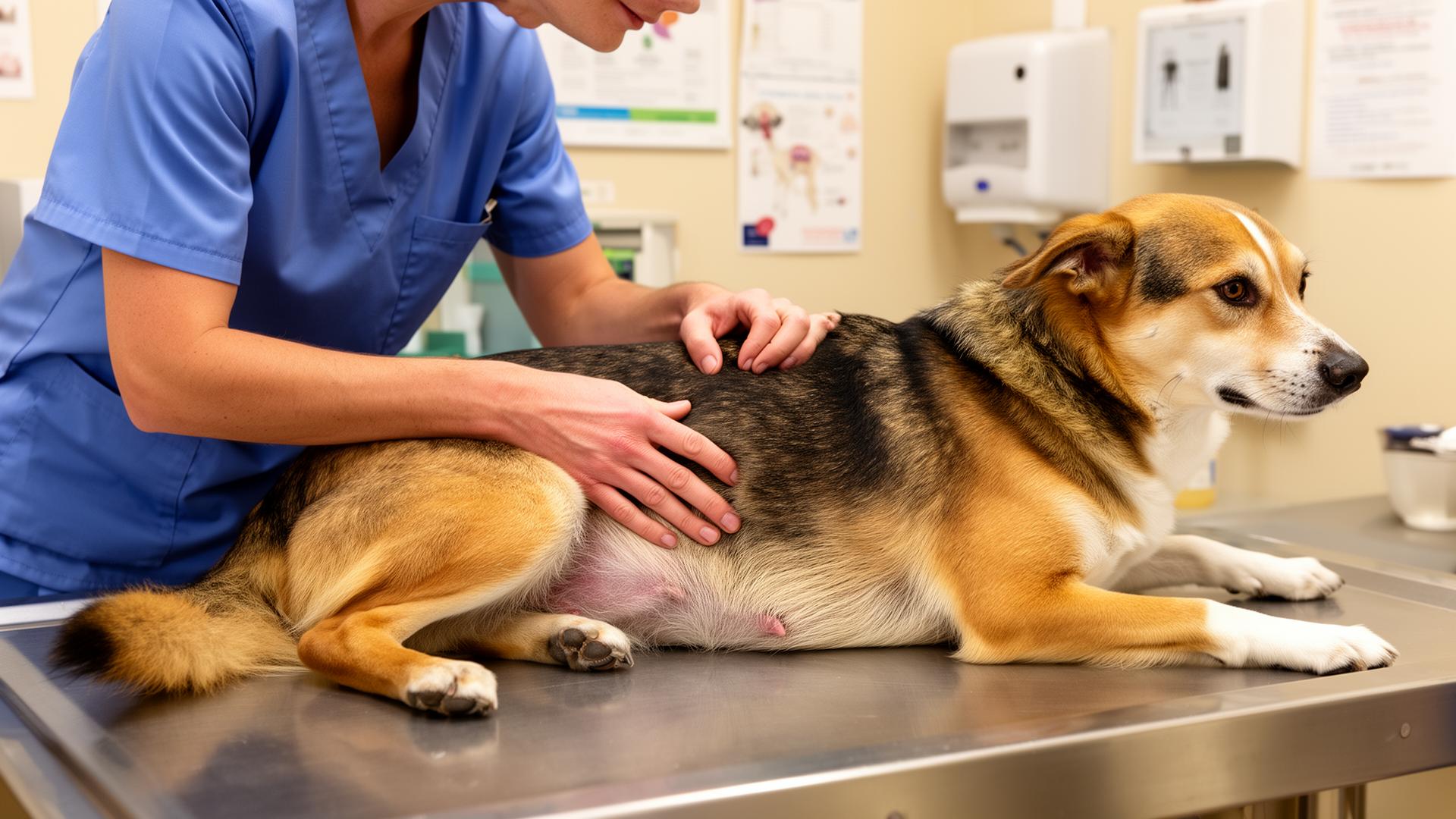Veterinarian in blue scrubs gently palpating a medium-sized dog's ribs on an exam table to assess body condition score