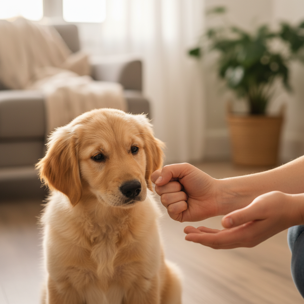A puppy playing the treat hand game, sniffing a person's closed hand to find a hidden snack.