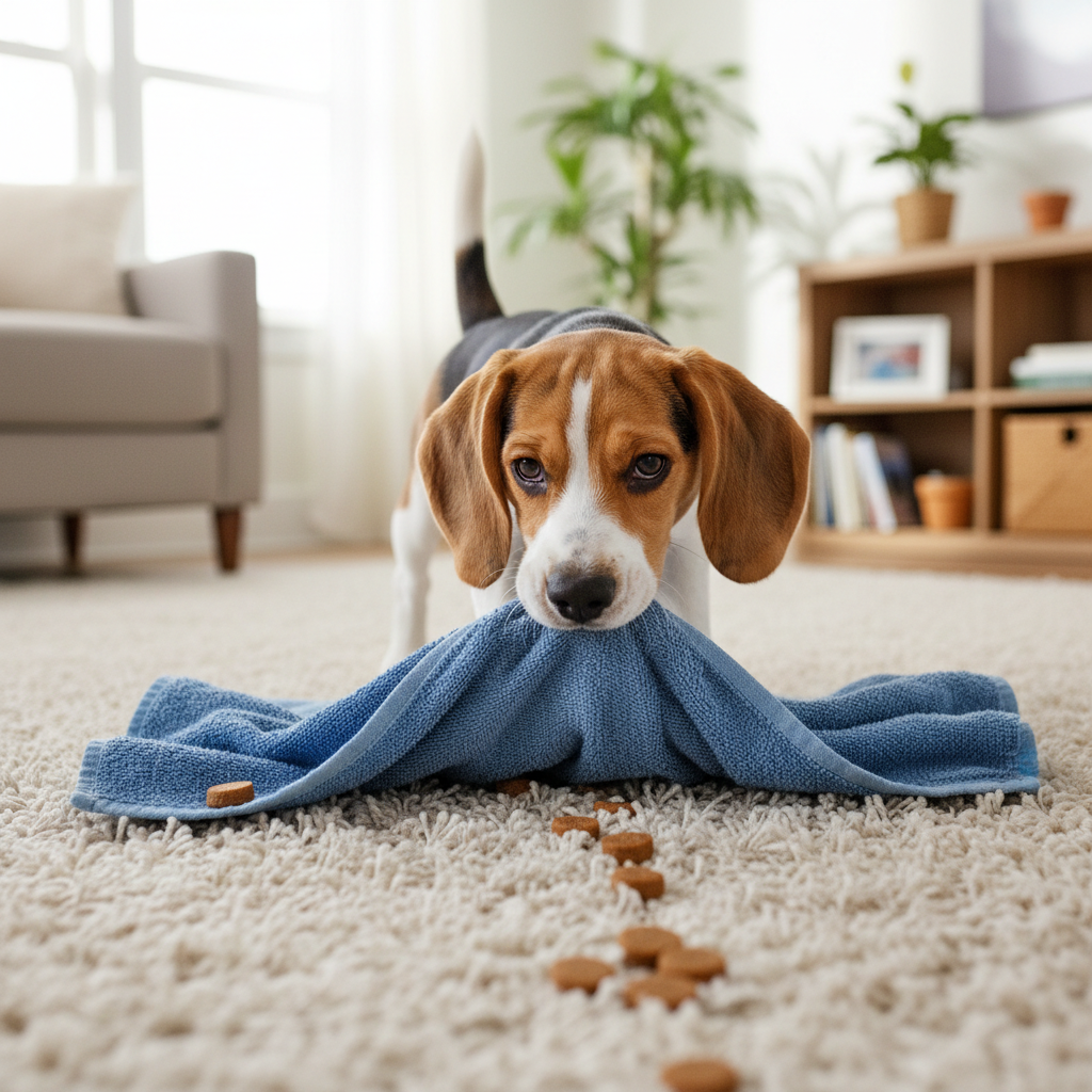 A beagle puppy playing the towel roll-up scent game, sniffing for treats.