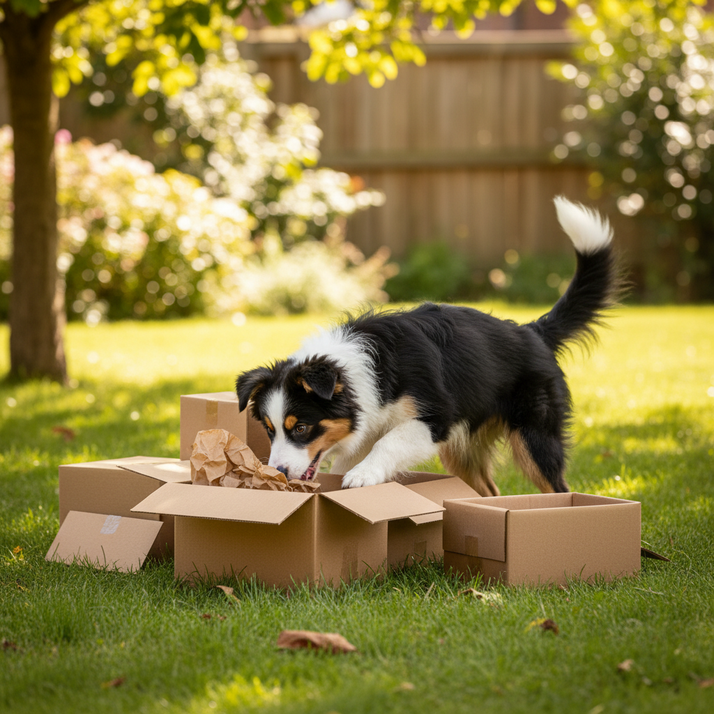 A Border Collie puppy happily searching cardboard boxes for treats in a scent detection game.