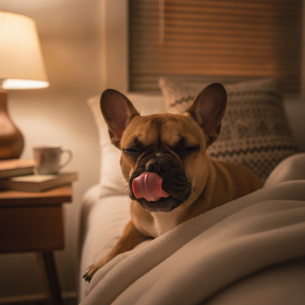 French Bulldog puppy licking its lips at night, a common sign of silent reflux.