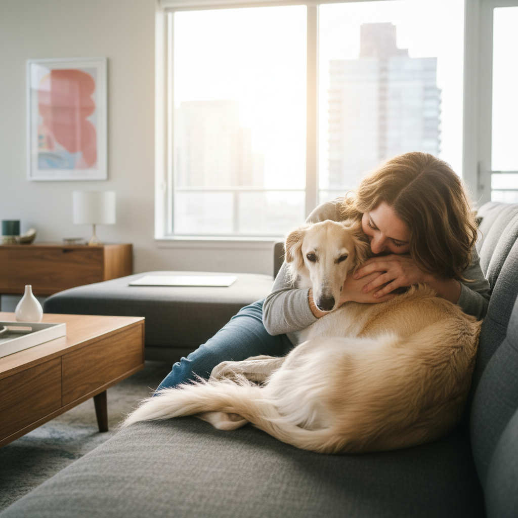 A Silken Windhound gently cuddling with its owner on a sofa, showing affection.
