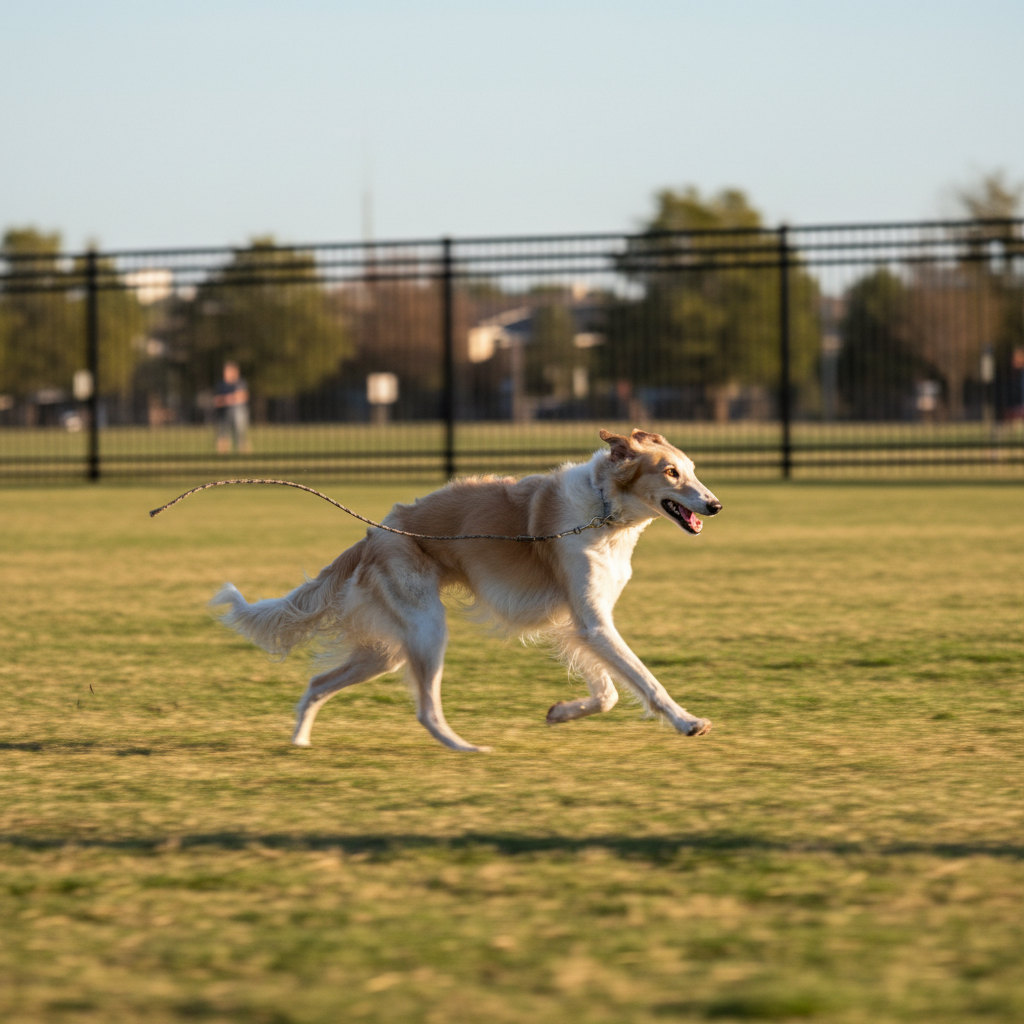 A happy Silken Windhound running at full speed in a fenced park.