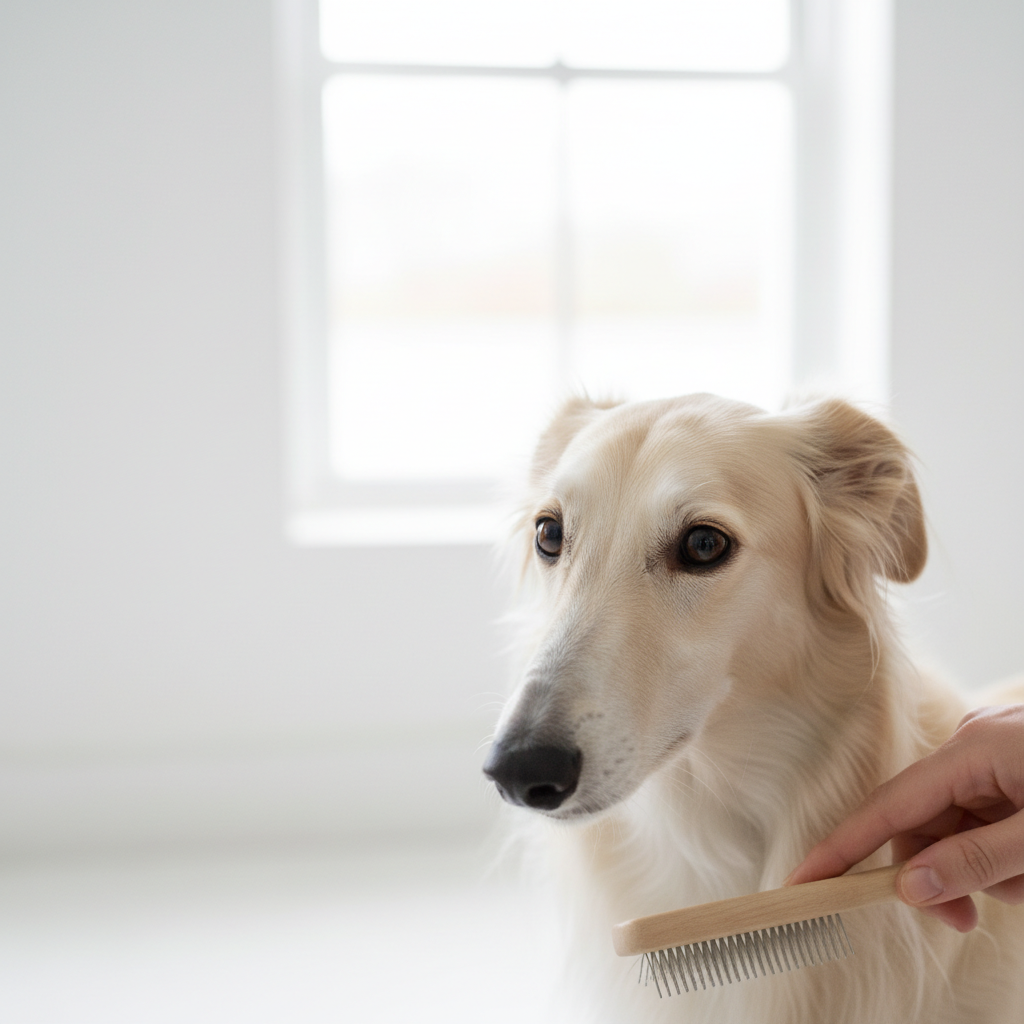 Close-up of a hand gently brushing a Silken Windhound's silky, low-shedding coat.