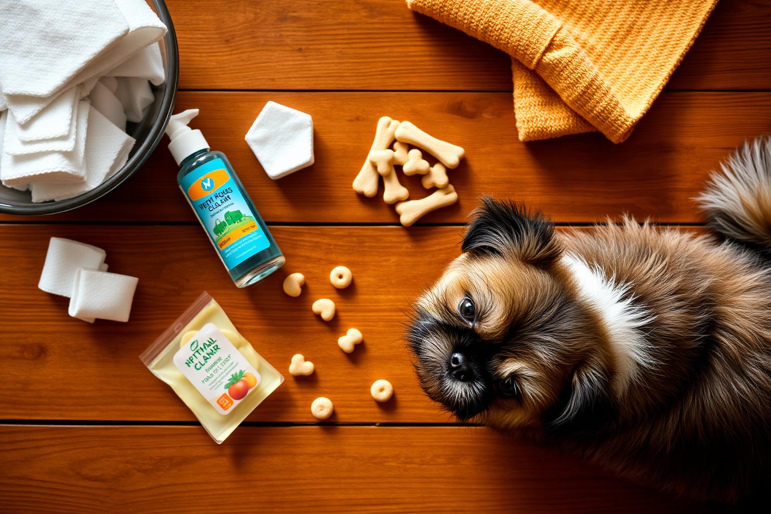 Top-down view of dog ear cleaning supplies on a wooden table next to a small Shih Tzu