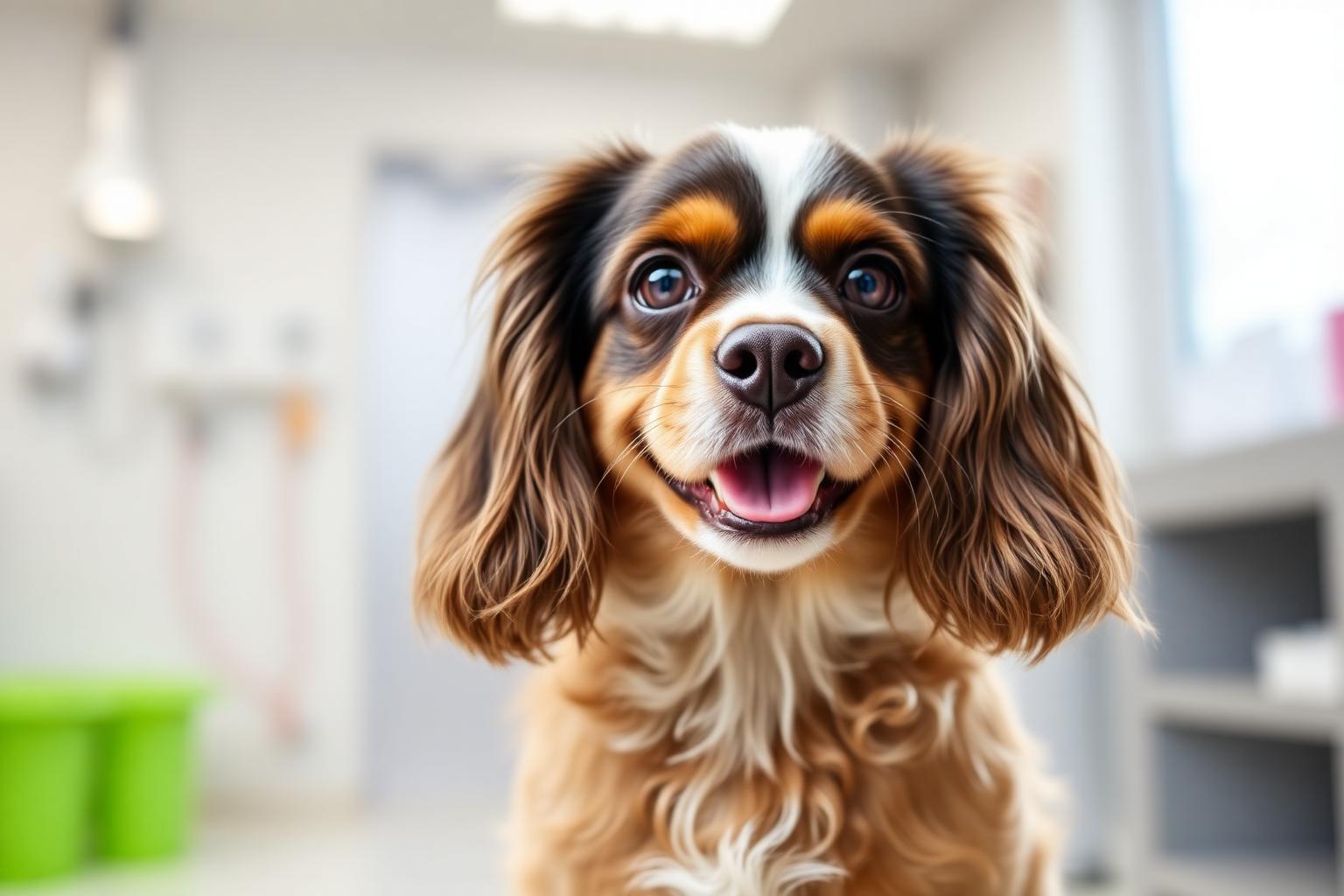 Happy small Cocker Spaniel with healthy floppy ears sitting in a bright veterinary clinic
