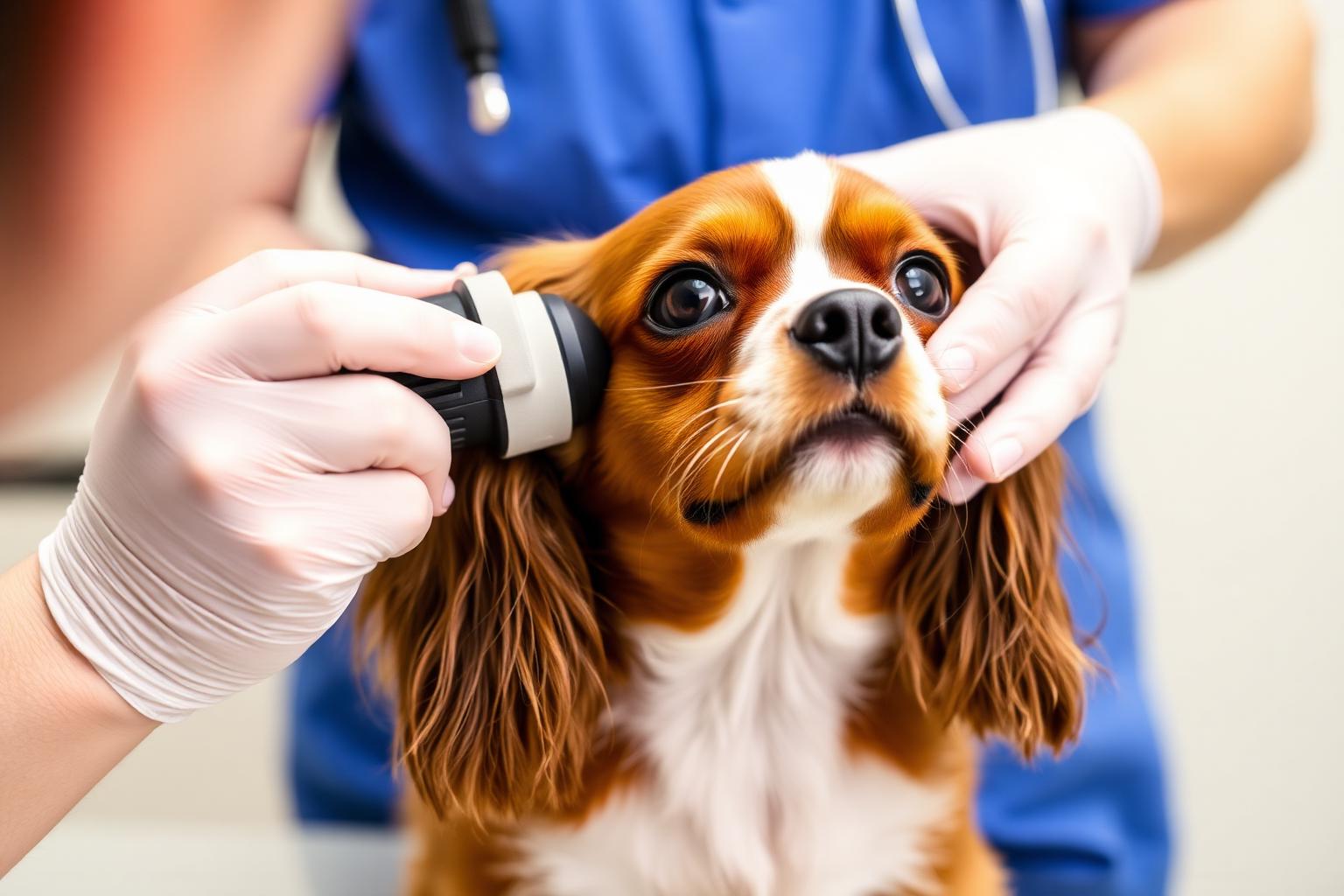 Veterinarian using an otoscope to examine the ear of a Cavalier King Charles Spaniel