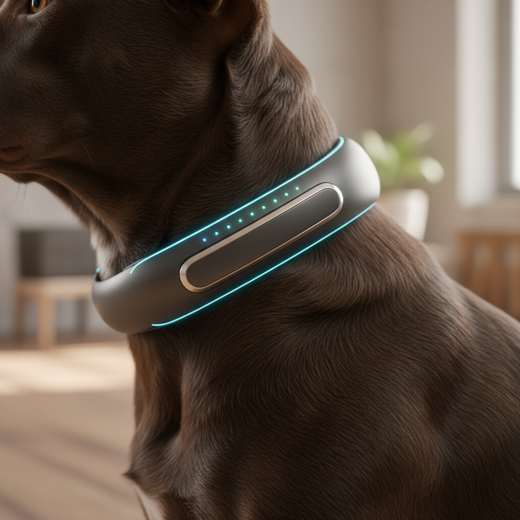 Close-up of a modern AI smart collar on a short-haired dog's neck.