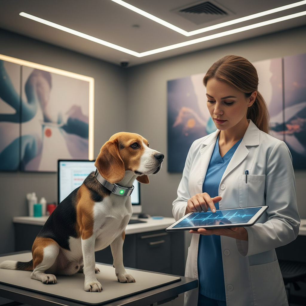 Veterinarian reviewing smart collar data on a tablet with a dog.