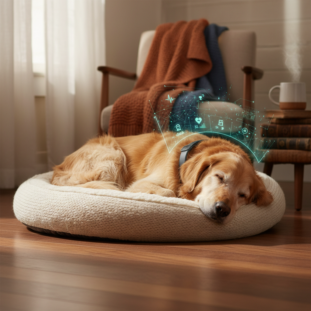 Senior Golden Retriever sleeping soundly with an AI smart collar measuring health.