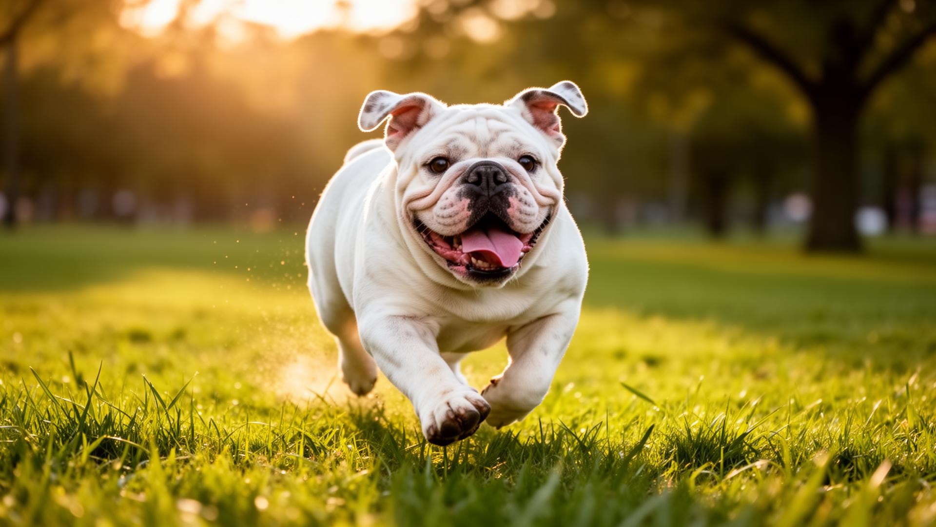 Happy white English bulldog running through green grass at golden hour with tongue out
