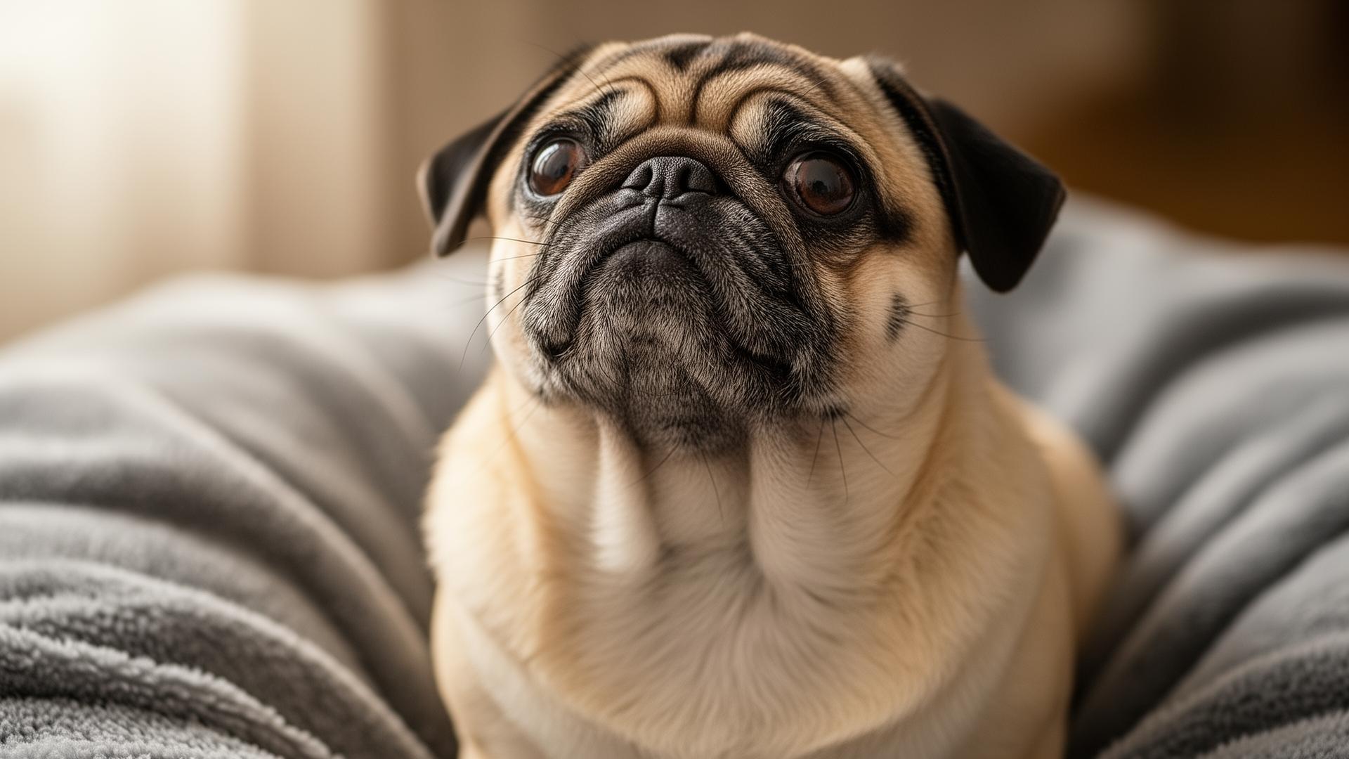Close-up portrait of a fawn pug with a flat face resting on a grey blanket