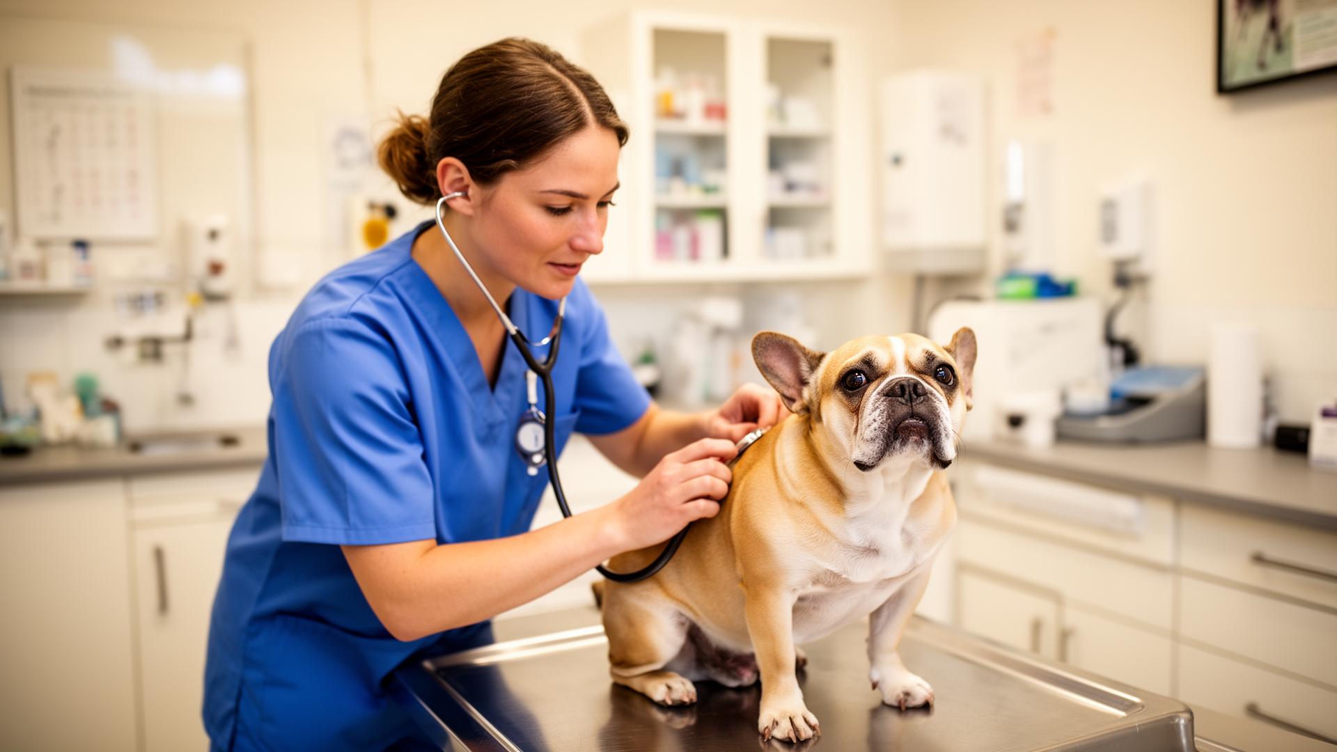 Veterinarian in blue scrubs examining a French bulldog with a stethoscope on a clinic exam table