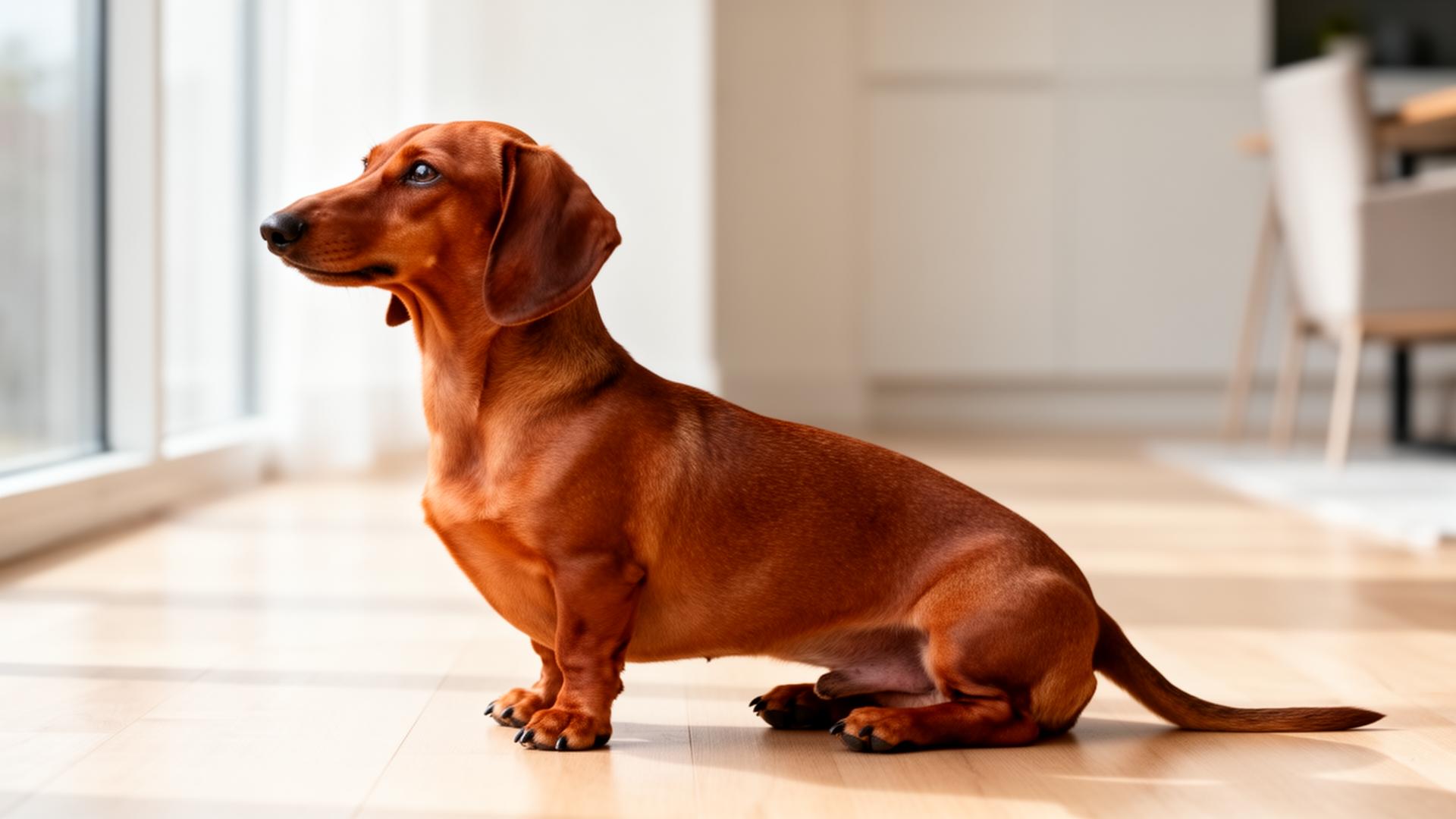 Smooth-coat red Dachshund sitting in profile on a wood floor, long back clearly visible