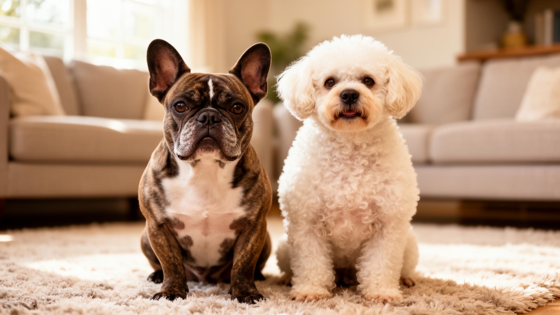 French Bulldog and Bichon Frisé sitting side by side on a soft area rug in a sunlit living room