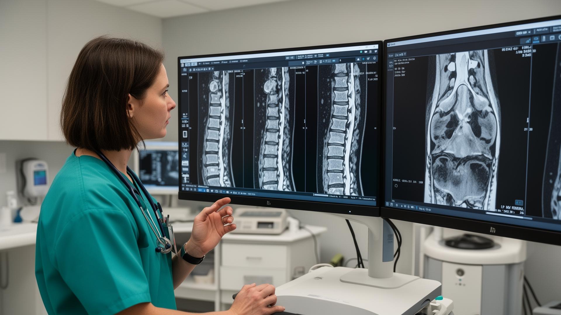 Veterinary radiologist in teal scrubs reviewing CT scans of a small dog spine on dual monitors in a modern imaging suite