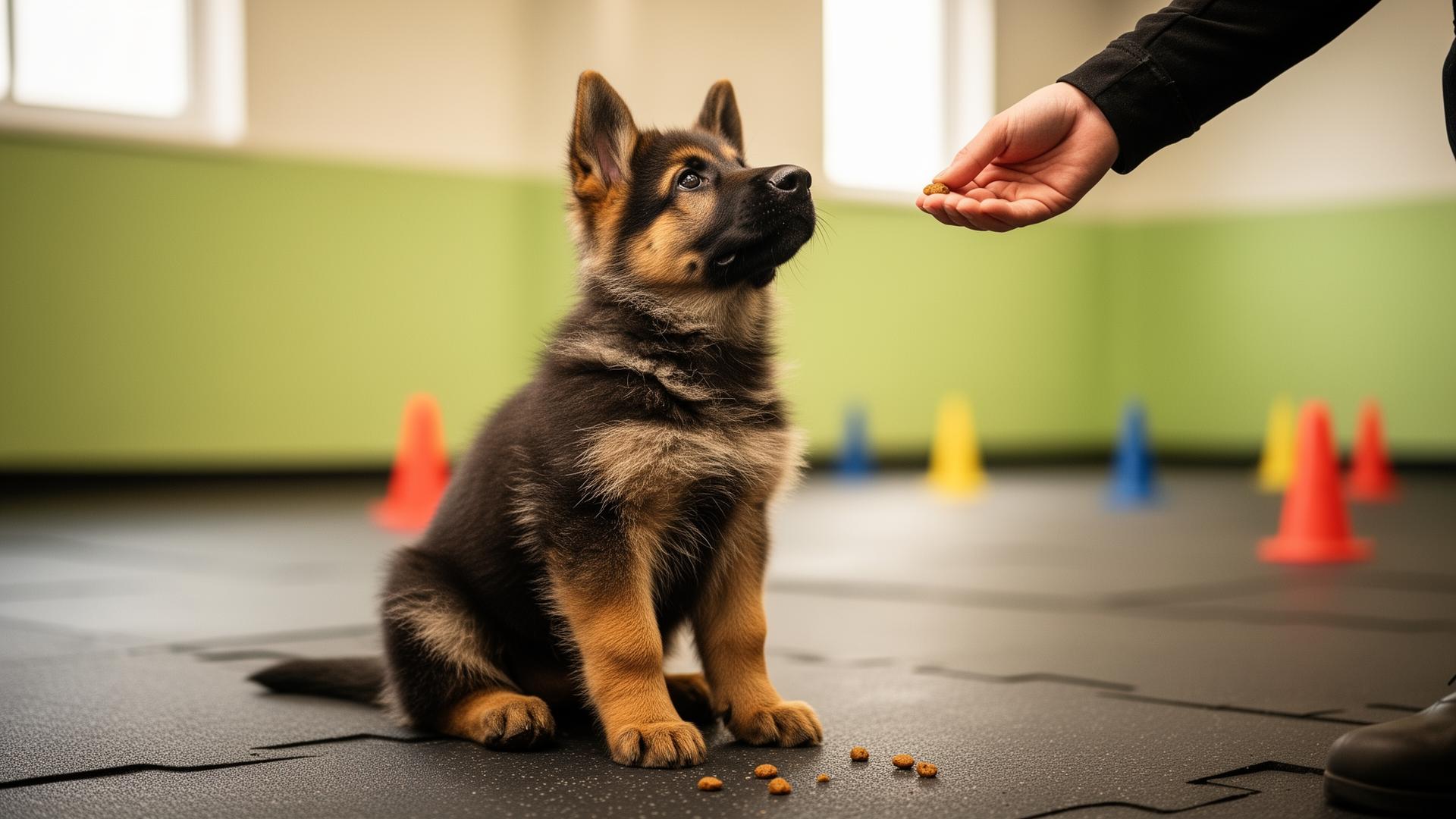 German Shepherd puppy sitting on rubber matting in a bright training room, looking up at a trainer's hand offering a treat