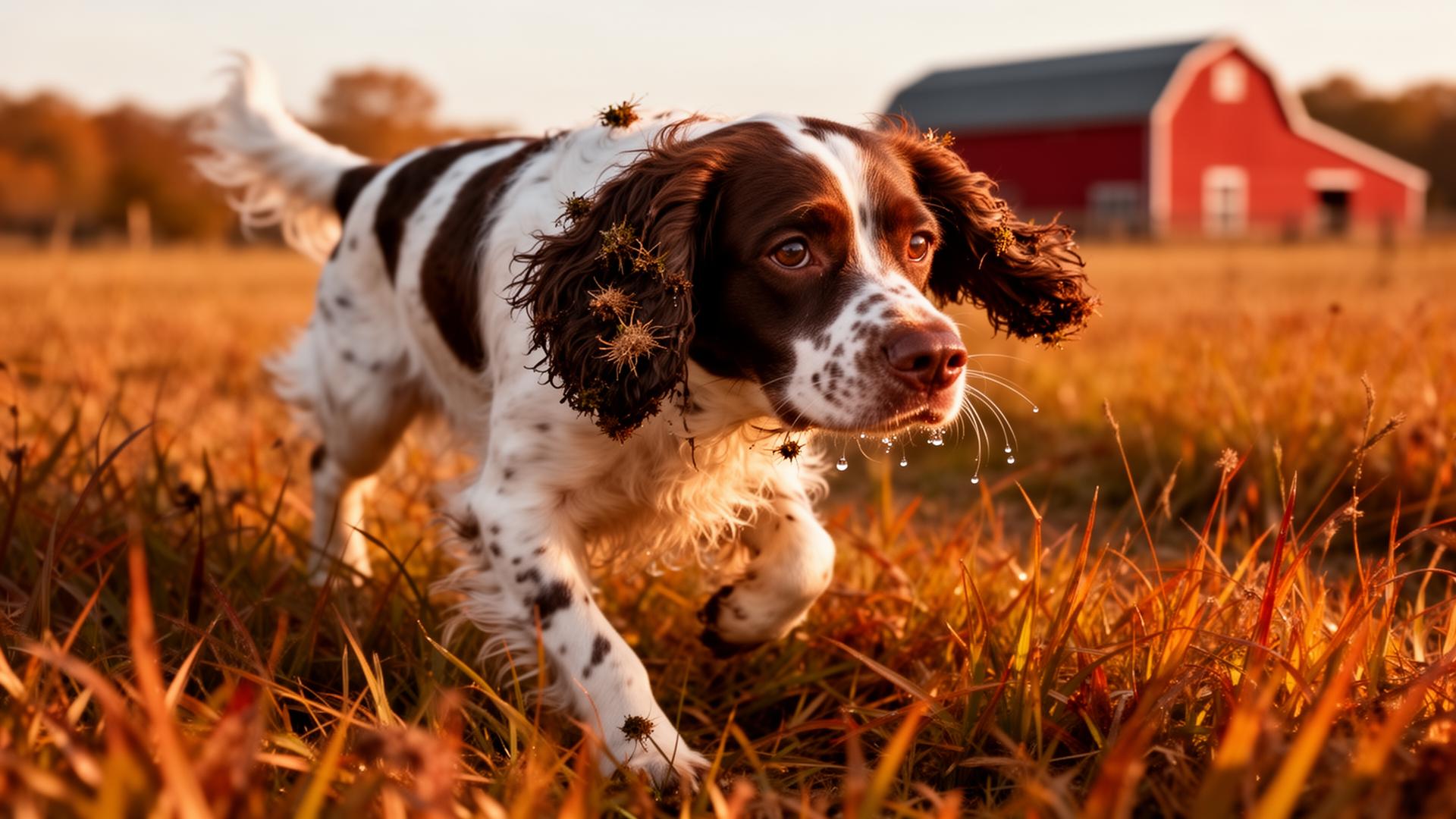 Liver-and-white English Springer Spaniel running nose-down through tall autumn grass at golden hour with a red barn in the background