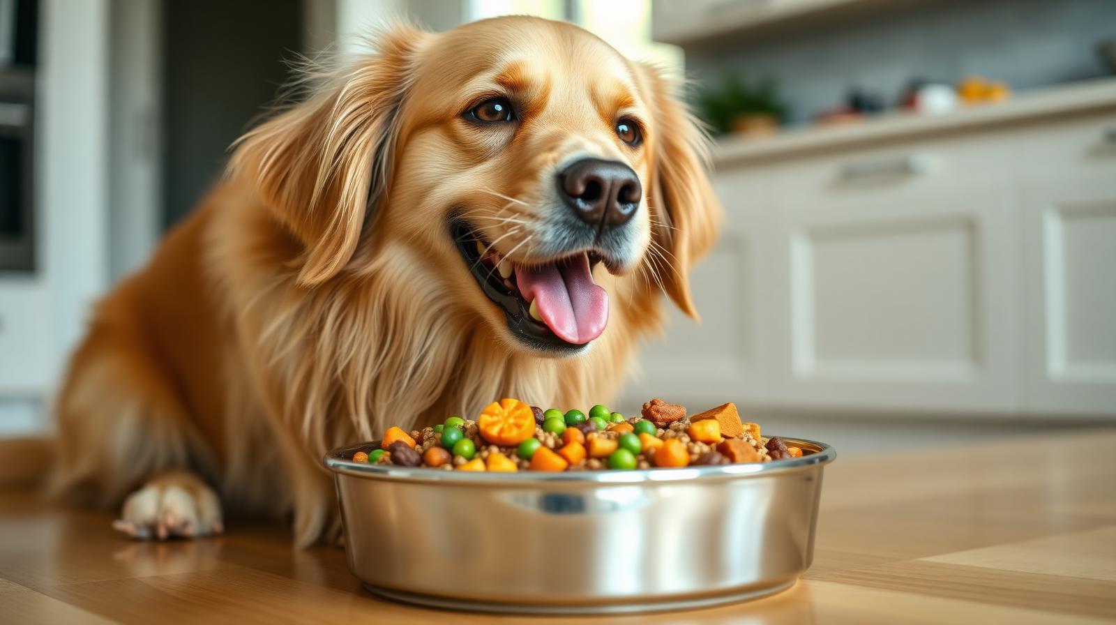 Golden retriever happily eating a bowl of plant-based dog food with lentils, peas and sweet potato